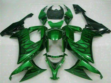 Kawasaki ZX10R Motorrad Verkleidung 2008-2010 - Glanzendes Schwarz Grun Flamme