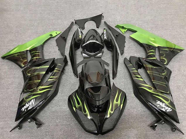 Kawasaki ZX6R Motorrad Verkleidung 2009-2012 - Glanzendes Schwarz Grun Flamme