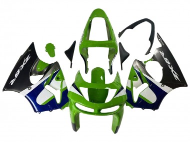 Kawasaki ZX6R Motorrad Verkleidung 1998-1999 - Grun Weiss Blau Silber Glanzendes Schwarz