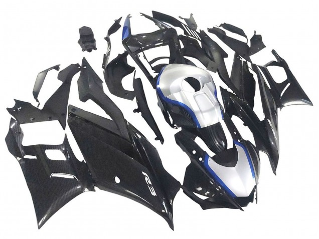 Yamaha YZF R3/R25 Motorrad Verkleidung 2022-2024 - Schwarzer Carbonfaser Stil Silberblau