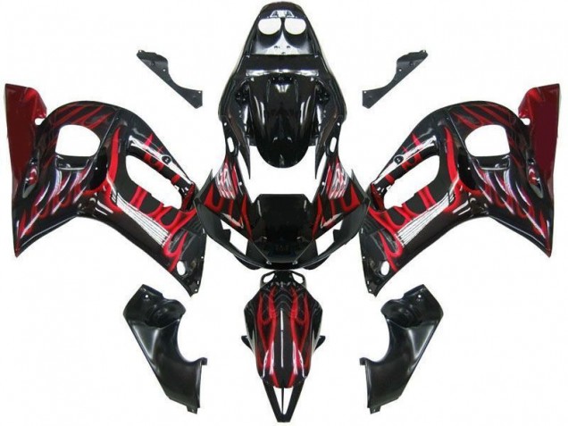 Yamaha YZF 600 R6 Motorrad Verkleidung 1998-2002 - Glanzendes Schwarz Rot Flamme