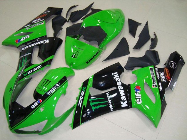 Kawasaki ZX6R Motorrad Verkleidung 2005-2006 - Grun Glanzendes Schwarz Elf Monster