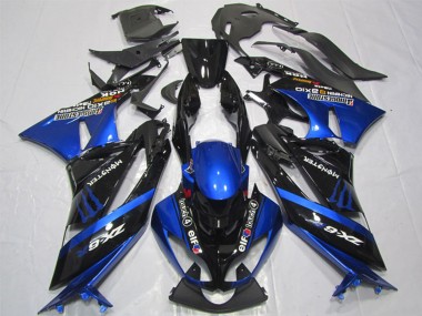 Kawasaki ZX6R Motorrad Verkleidung 2009-2012 - Blau Glanzendes Schwarz Elf Touch4 Monster Bridgestone