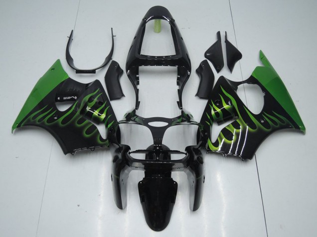 Schwarz mit Grün Flamme Kawasaki ZX6R 2000-2002 Motorrad Verkleidungen Schwarz mit Grün Flamme Kawasaki ZX6R 2000-2002 Motorrad Verkleidungen